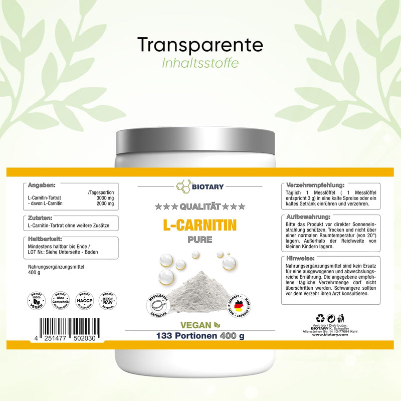 L-Carnitine Pure 400 G - Pure Powder Without Additives - 133 Servings 3000 Mg Carnitine Powder - 100% L-Carnitine Tartrate - Laboratory Tested - Vegan - High Dose - Premium Quality - NewNest Australia