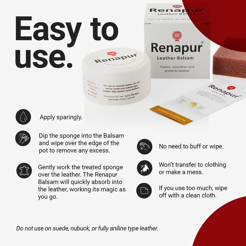 Renapur Leather Balsam, Natural Balm, Conditioner and Restorer (200 ml + Applicator Sponge) — Protector for Leather Sofas, Furniture, Shoes, Bags, Car Seats, Saddlery & Tack (Original) - NewNest Australia