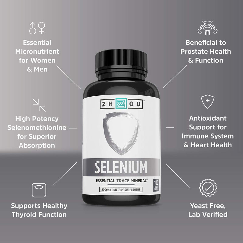 Zhou Selenium 200mcg | for Thyroid, Prostate and Heart Health | Essential Trace Mineral with Superior Absorption | No Yeast | 100 Veg Caps - NewNest Australia