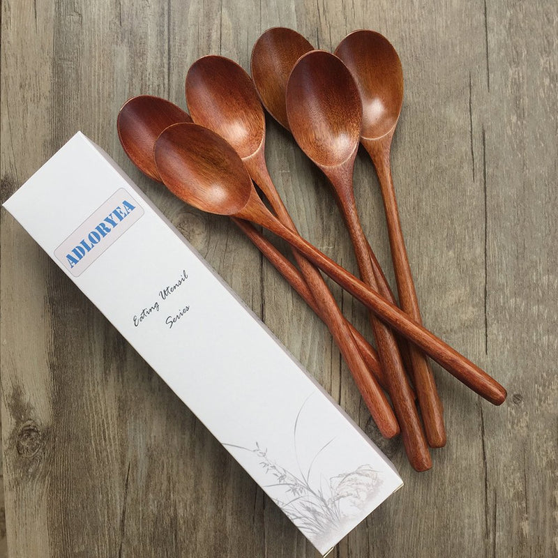 NewNest Australia - Wooden Spoons, 6 Pieces 9 Inch Wood Soup Spoons for Eating Mixing Stirring, Long Handle Spoon with Japanese Style Kitchen Utensil, ADLORYEA Eco Friendly Table Spoon 