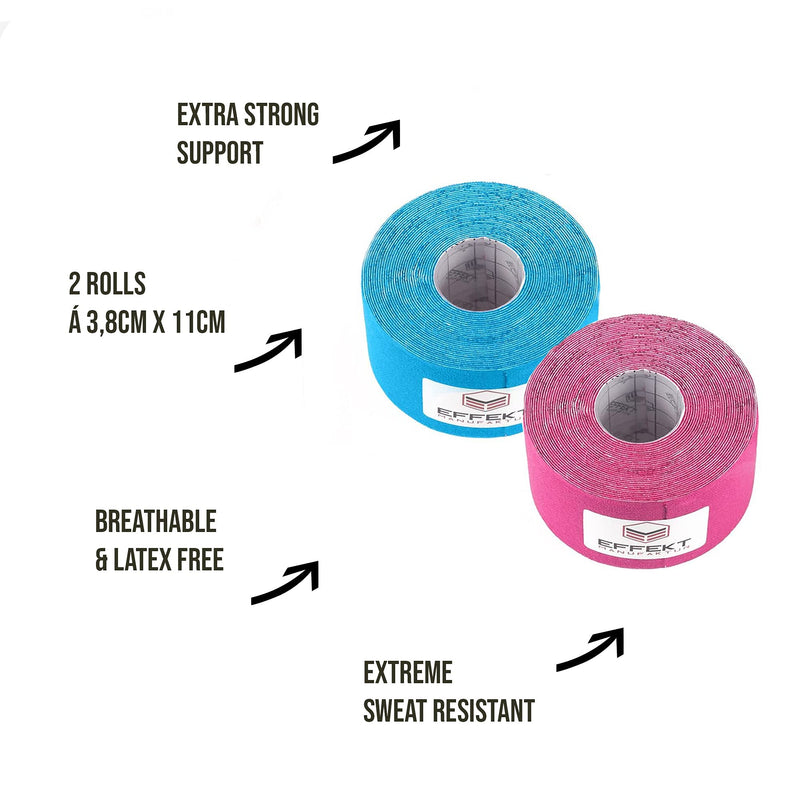 Effekt Kinesiology Tape Waterproof (5 m x 5 cm), 2 Rolls - Elastic Physio Tape for Muscle Support and Injury Recovery, Medical Tape, Kinetic Tape, Durable Kinesthetic Tape (Blue + Pink) Light Blue + Pink - NewNest Australia