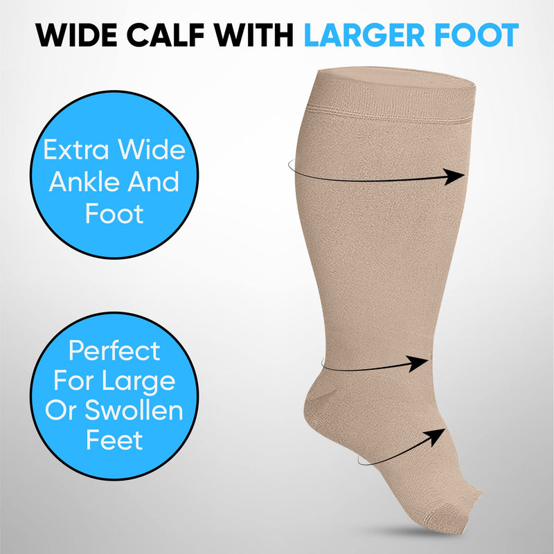 Compression Socks, Flight Socks for Women and Men. (2 Pairs) Plus Size, Wide Calf, Medical Compression Stockings. Knee High with Open Toe. Excellent Support, Helps with Varicose Veins. 6XL - NewNest Australia
