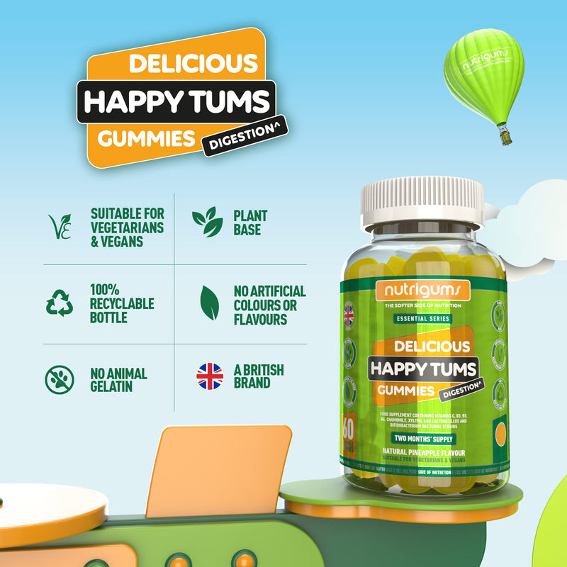NUTRIGUMS® Happy TUMS (Probiotics) 60 Vegan Gummies. Pineapple Flavour. Gut & Digestive Health 1.25 Billion CFU Probiotics, Vitamins C, B3, B5, B6, Chamomile and Xylitol. for Adults + Kids Age 5+ - NewNest Australia