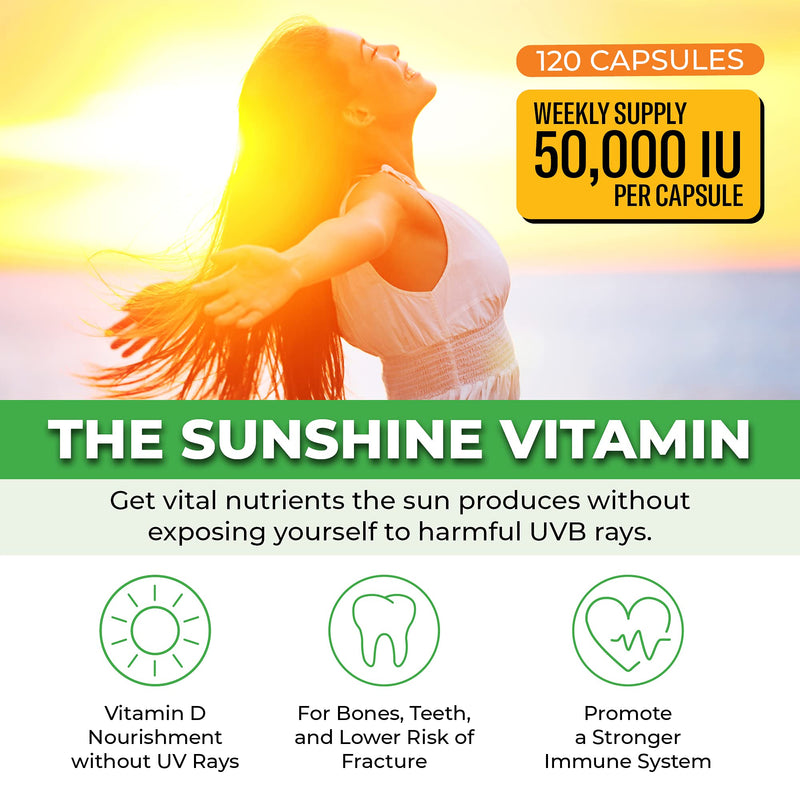 Vitamin D3 50,000 IU Weekly Supplement - 120 Vegetable Vitamin D-3 Capsules for Bones, Teeth, and Immune Support - by ForestLeaf 120 Count (Pack of 1) - NewNest Australia