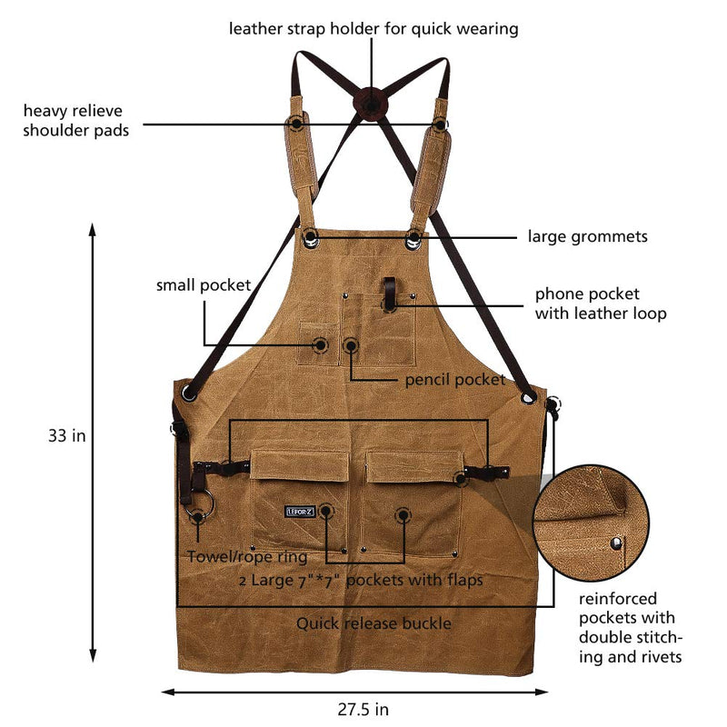 Wood Working Apron,16 OZ Waxed Canvas Tool Apron for Men & Women, Shop Apron with Cross-Back Straps,Adjustable M to XXL (Brown) - NewNest Australia