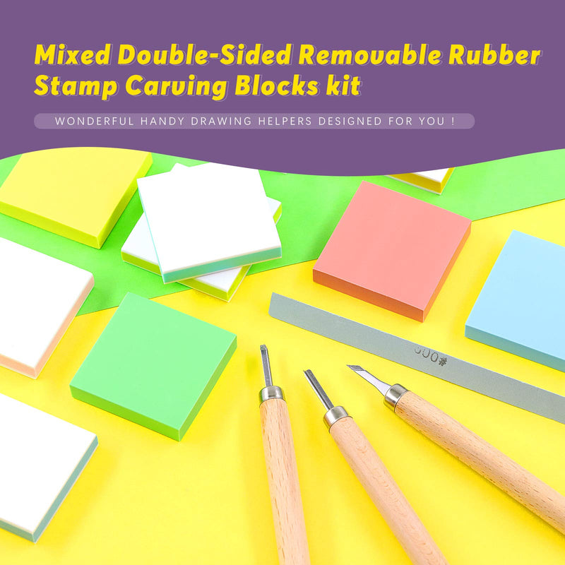 Swpeet 14Pcs 50mm Flat 2 Types Square Mixed Rubber Stamp Carving Blocks with 3Pcs Carving Knife Tools and Knife Polished Stone Kit, Double-Sided Removable Carving Block for Scrapbooking Postcards - NewNest Australia
