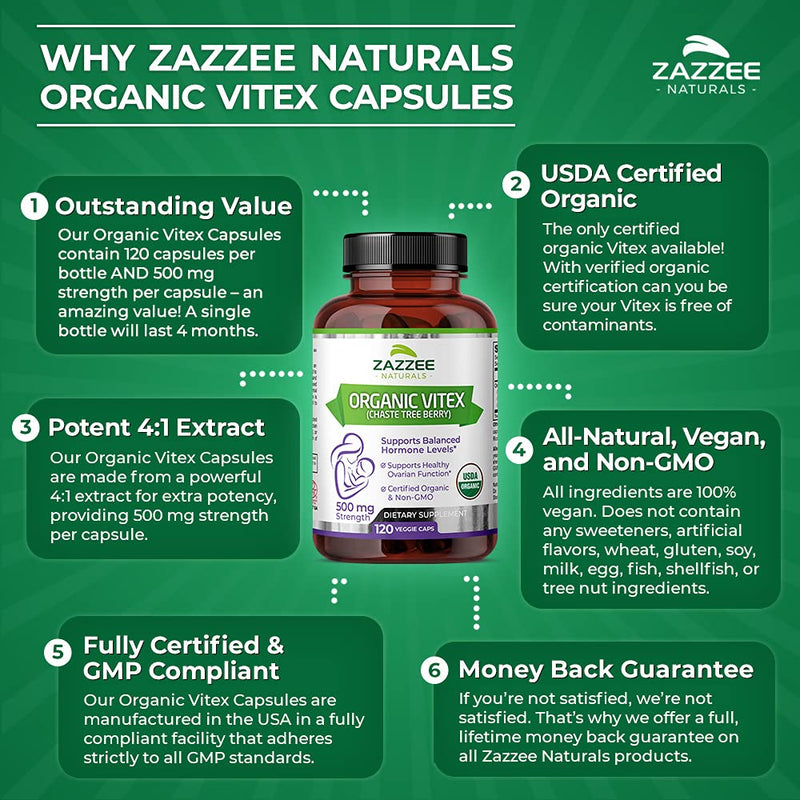 Zazzee USDA Organic Vitex, 500 mg Strength, 120 Vegan Capsules, USDA Certified Organic, Potent 4:1 Extract, Made from Whole Organic Chaste Berry, Vegan, All-Natural and Non-GMO - NewNest Australia