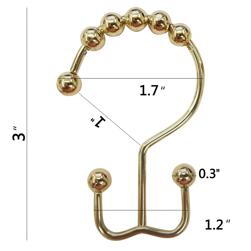 TOAOB Shower Curtain Rings Hooks 3 x 1.7 Inch Stainless Steel Rust Proof Double Glide Roller with Eight Solid Bead Bathroom Curtain Hook Set of 12 Hooks Gold - NewNest Australia