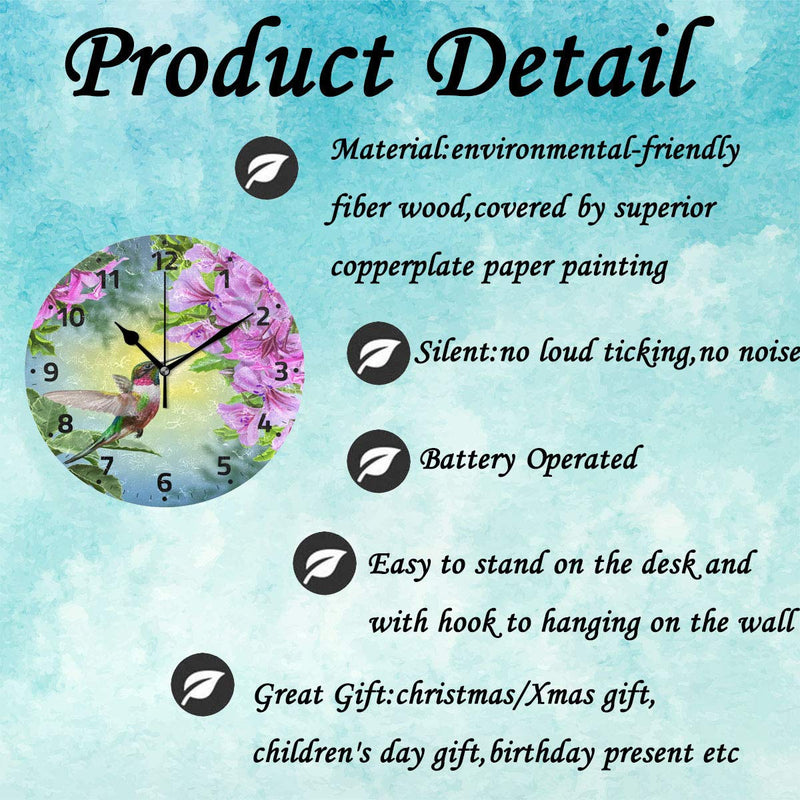 NewNest Australia - Wamika Hummingbirds Bird Flower Wall Clock Battery Operated Non Ticking Silent Round Acrylic Spring Summer Bird Purple Floral Quartz Decorative Clock for Kitchen Home Office School Easy to Read Hummingbird 