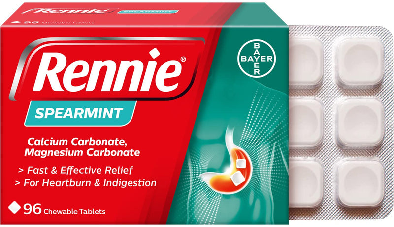 Rennie Antacids, Spearmint Flavour Heartburn Relief and Indigestion Tablets, Fast and Effective Relief for Acid Reflux, 4 Packs of 96 Tablets - NewNest Australia