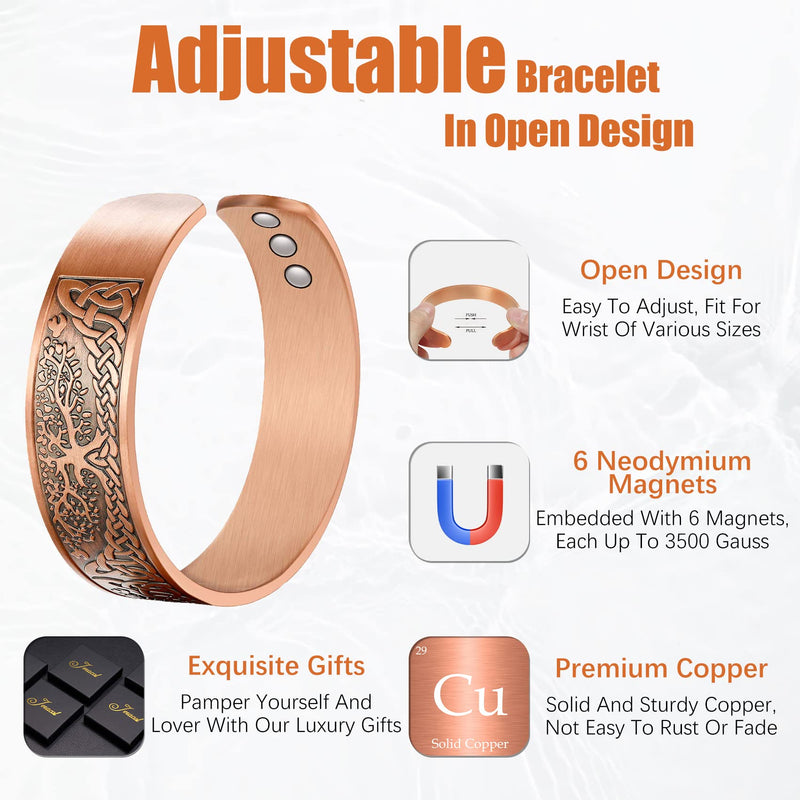 Jeracol Copper Magnetic Bracelet for Men Women,Tree of Life 100% Solid Copper Cuff Bangle with 6 3500 Guass Magnets,Adjustable Size Brazaletes with Jewellry Gift Box 17.5-Tree - NewNest Australia