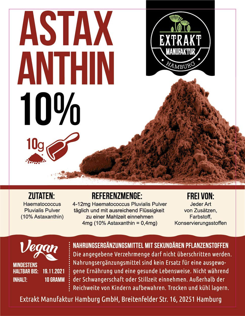 Haematococcus Pluvialis 10g POWDER | 10% ASTAXANTHIN - vacuum packed | Naturally pure without additives and laboratory tested | Highly dosed vegan & bottled in Germany (10% Astaxanthin 10g) 10 g (pack of 1) - NewNest Australia