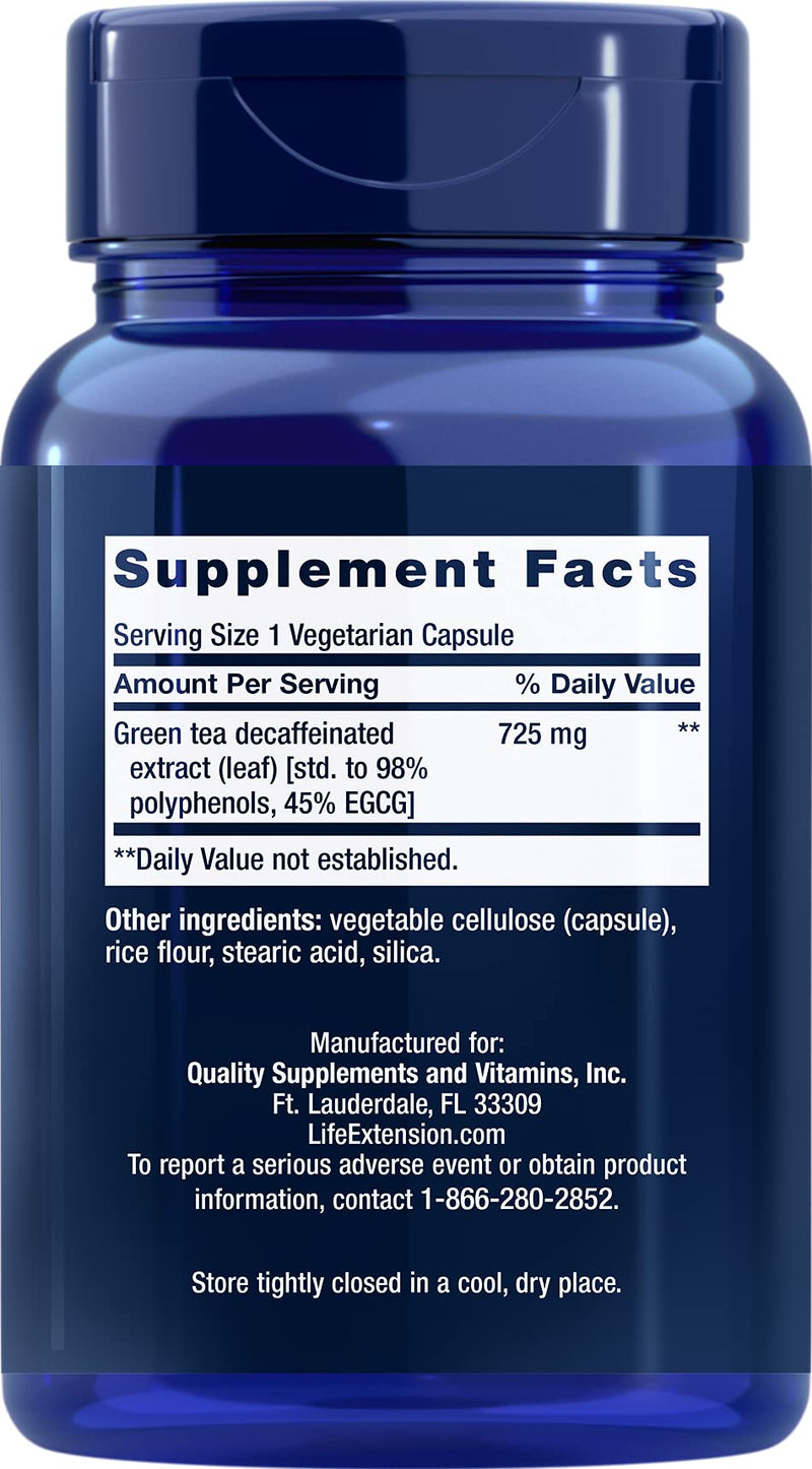 Life Extension Decaffeinated Mega Green Tea Extract -For Cholesterol Management, Cellular + Cardiovascular & Cognitive Health -Rich in Polyphenols - Gluten Free, Non-GMO - 100 Vegetarian Capsules 100 Count (Pack of 1) - NewNest Australia