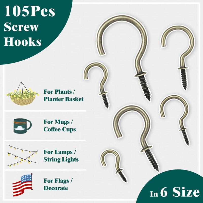 Bronze Screw-in Cup Hooks Kit, 105 Pcs Ceiling Hooks in 6 Size for Hanging-(1/2", 5/8", 3/4", 7/8", 1'', 1-1/4") - NewNest Australia