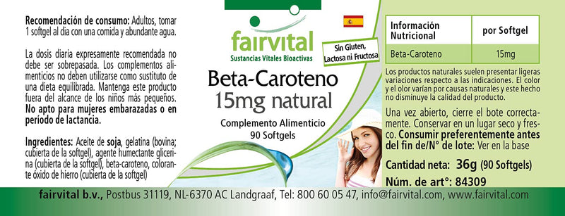 Fairvital | Beta carotene 25,000 IU - 15mg per capsule - HIGH DOSE - Provitamin A - 90 softgels - NewNest Australia