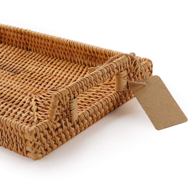 NewNest Australia - DECRAFTS Hand-Woven Rattan Rectangular Serving Tray with Handles for Breakfast, Drinks, Snack for Coffee Table (14.5x10.2x1.4inches) 14.5x10.2x1.4inches 