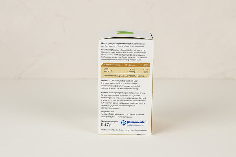 Vegetable iron from curry leaf with 40 mg of natural vitamin C from acerola | in the glass | Iron with 100% NRV | Vegan | Only 1 capsule daily | 2 month supply - NewNest Australia