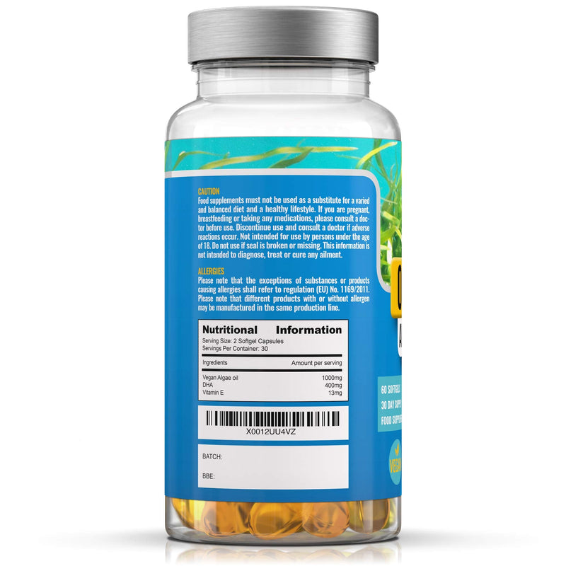 Vegan Omega 3 Algae Oil | 60 High Strength Capsules | 400mg DHA Supplement with Vitamin E | Vegetarian Essential Fatty Acids | Sustainable Algal Alternative to Fish Oil | UK Small Family Company - NewNest Australia