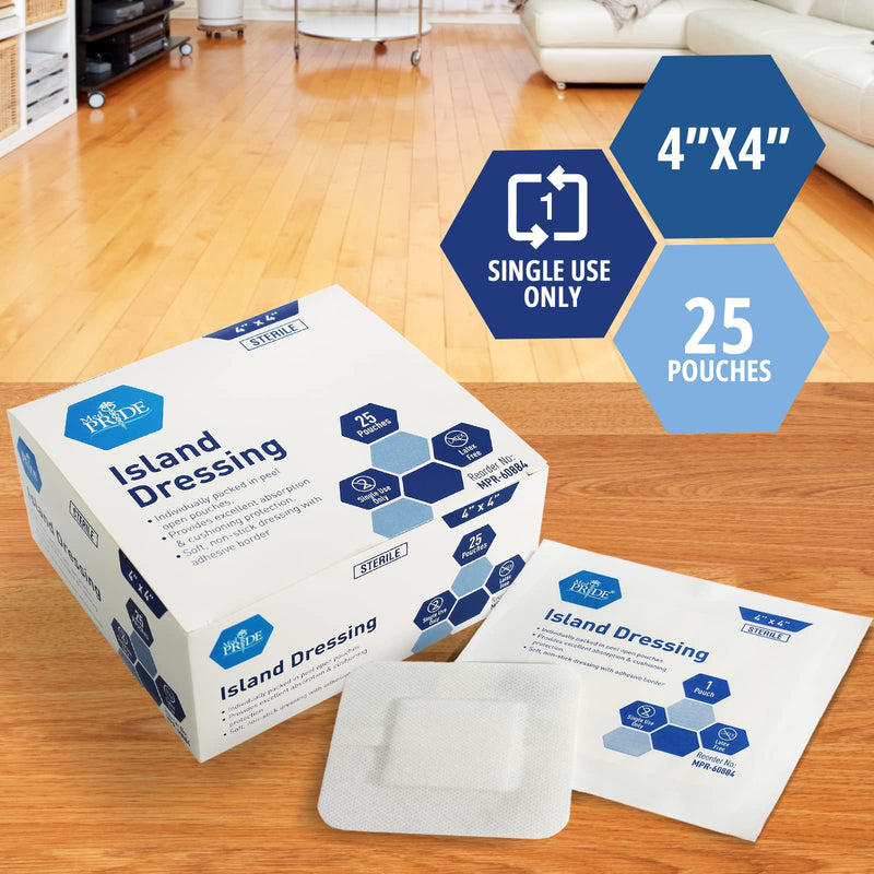 Med PRIDE 4inch x 4inch Bordered Gauze-Island Dressing| 25 Pack-Individually Packed Pouches| Wound Dressing with Adhesive, Breathable Borders| Sterile & Highly Absorbent| Latex-Free 4'' x 4'' - NewNest Australia