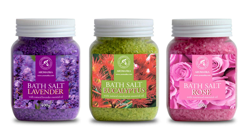 Bath Salts Set 3x400g - Lavender - Rose - Eucalyptus - 100% Natural Essential Oil - Best for Good Sleep - Stress Relief - Bathing - Body Care - Wellness - Beauty - Relaxation - Spa - NewNest Australia
