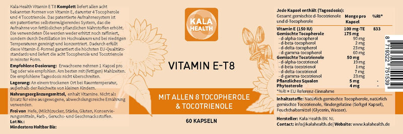 Kala Health Vitamin E - Unique formula with all 8 tocopherols and tocotrienols - 60 vitamin E8 T8 antioxidants for hair, skin & anti-aging - GMO & PAH free - Made in the EU - NewNest Australia
