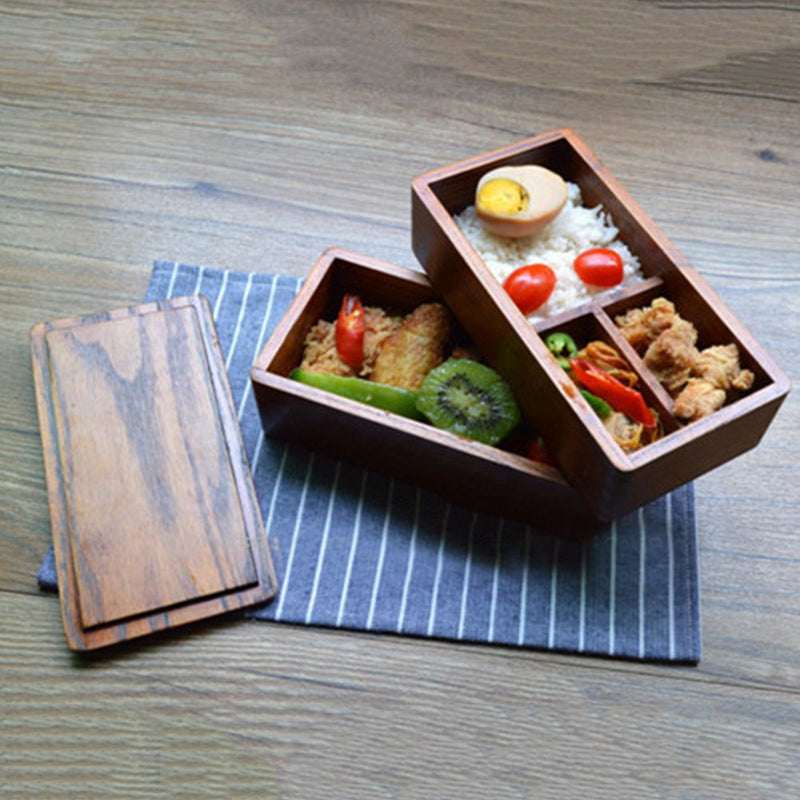 NewNest Australia - Lunch boxes, Japanese Traditional Natural Square Wooden Lunch Containers Women's Men's Adult Kids Wood Bento Box with Spoon Fork kit 