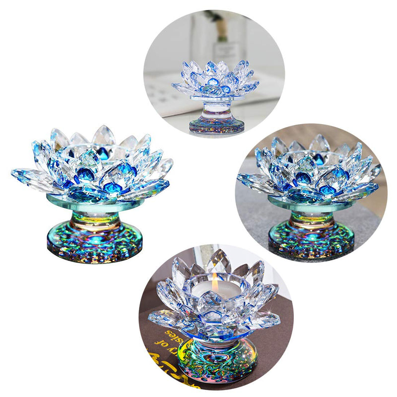 NewNest Australia - H&D HYALINE & DORA Blue Crystal Lotus Flower Candle Holder Crystal Tealight Candle Holder,4.3Inch 4.3in Blue Crystal Lotus Candle Holder 