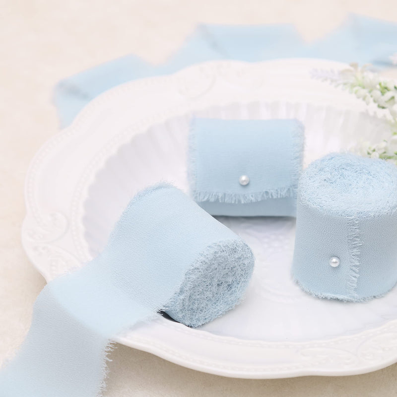 DORIS HOME 3 Rolls 2" x 7Yd Handmade Fringe Chiffon Silk Ribbon Baby Blue, Frayed Edges Ribbon for Wedding Invitations, Bridal Bouquets, Gifts Wrapping, DIY Crafts 3 Rolls Baby Blue - NewNest Australia