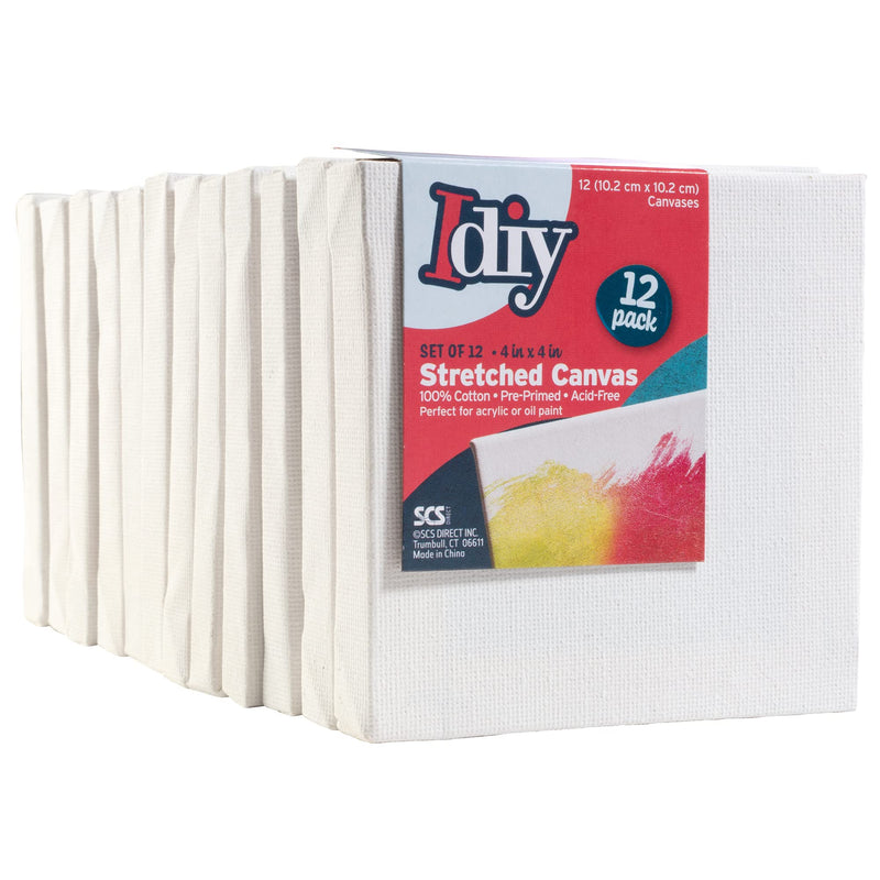 iDIY Stretched Canvas Board 4 x 4 (Set of 12) 5/8" - Classic White Blank, Pre Primed for Oils or Acrylics, 100% Cotton, Acid Free - Professional Grade for Painting or Art Project, Craft, Mixed Media - NewNest Australia