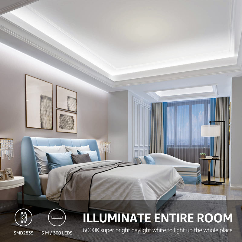 Lepro LED Strip Light White, 16.4ft Dimmable Vanity Lights, 6000K Super Bright LED Tape Lights, 300 LEDs 2835, Strong 3M Adhesive, Suitable for Home, Kitchen, Under Cabinet, Bedroom, Daylight White 16.4 ft - NewNest Australia