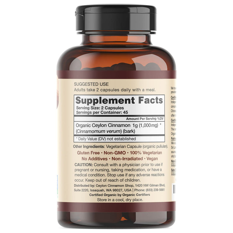 Organic Ceylon Cinnamon (100% Certified) Supplement, 90 Capsules by Ceylon Cinnamon Shop - NewNest Australia