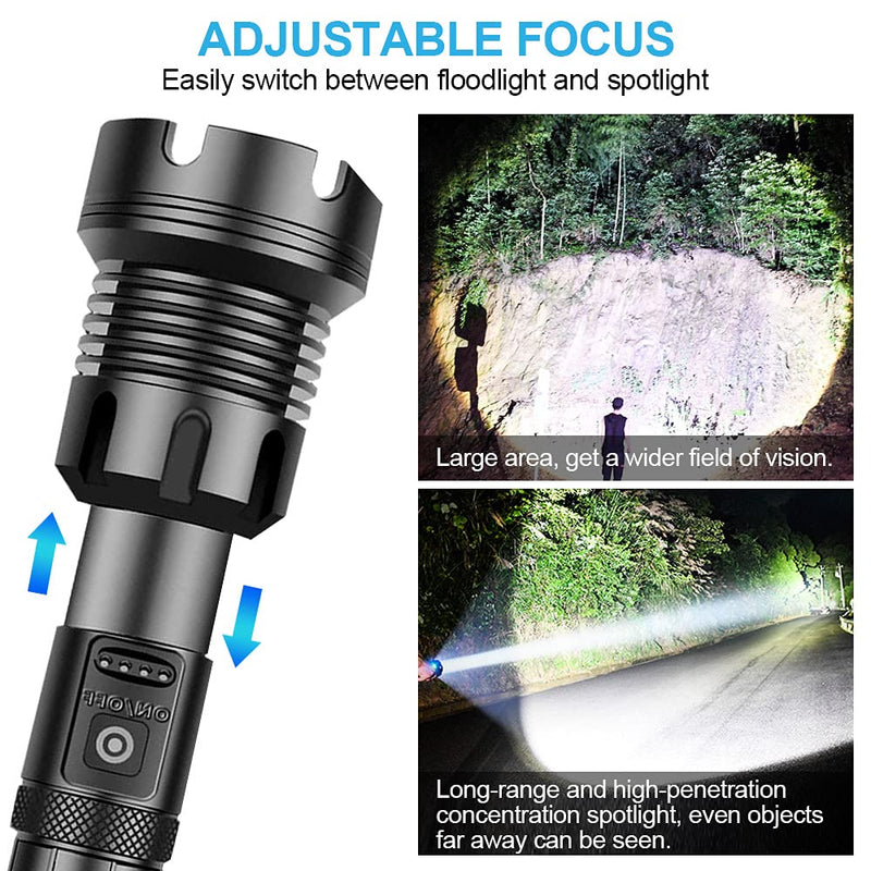 Rechargeable LED Flashlight High Lumens, 90000 Lumen Brightest Tactical Flashlight with 10000mAh Battery, Side Worklight, 7Modes Zoomable High-Power Flashlight&USB Rechargeable for Camping Emergency Highlumen Flashlight - NewNest Australia