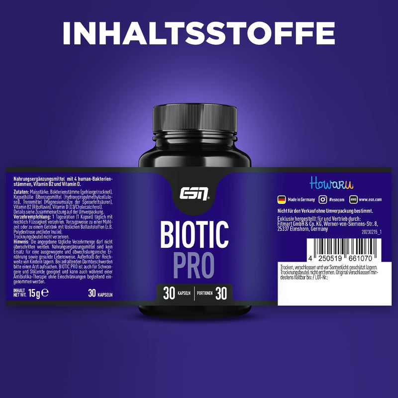 ESN Biotic Pro, 30 capsules for intestinal flora, 4 clinically studied bacterial strains, 30 pieces (pack of 1) - NewNest Australia