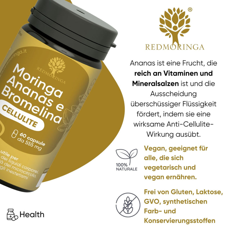 RedMoringa Anti-Cellulite, Powerful and Draining, 100% Natural Supplement, Contrasts Cellulite and Water Retention, Bromelain 5000 GDU Pineapple and Moringa (60 Capsules) 60 Capsules - NewNest Australia