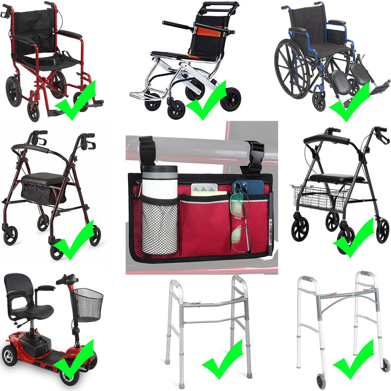 Wheelchair Side Organizer Storage Bag Armrest Pouch with Cup Holder and Reflective Stripe Use Waterproof Fabric, for Most Wheelchairs, Walkers or Rollators (Red) Red - NewNest Australia