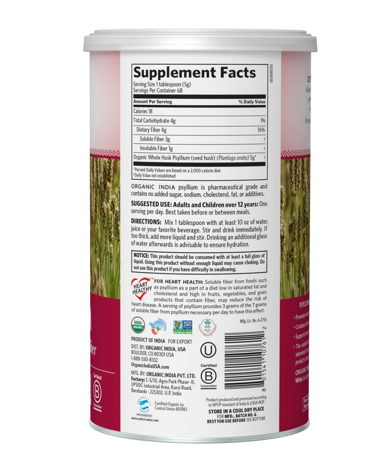 Organic India Psyllium Herbal Powder - Whole Husk Fiber, Healthy Elimination, Keto Friendly, Vegan, Gluten-Free, USDA Certified Organic, Non-GMO, Soluble & Insoluble Fiber Source - 12 oz Canister - NewNest Australia