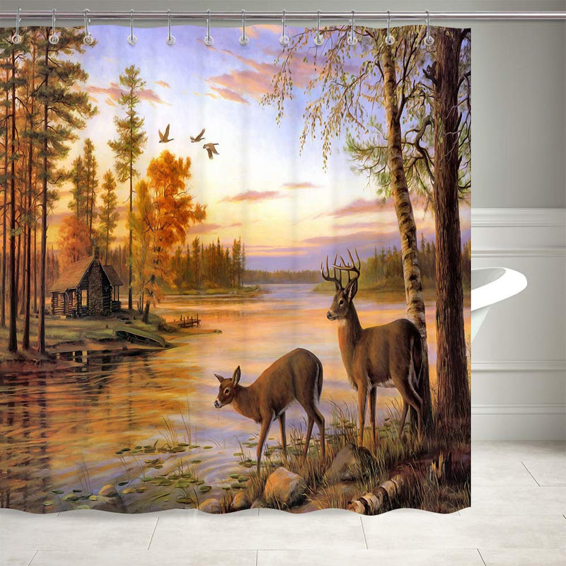 DYNH Elk Shower Curtain Animals Theme, Deer Safair in Stream River at Forest Sunset Shower Curtain, Fabric Bathroom Decor Accessories, Bath Curtains 12 PCS Hooks, 69X70IN 69"X70" - NewNest Australia