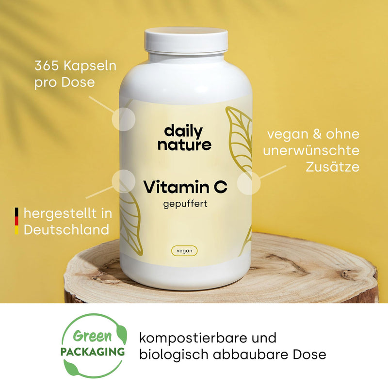 dailynature Vitamin C high dose - buffered | 365 capsules | herbal dietary supplement with 1000 mg vitamin C per daily dose | stomach-friendly | vegan & without additives | compostable can - NewNest Australia