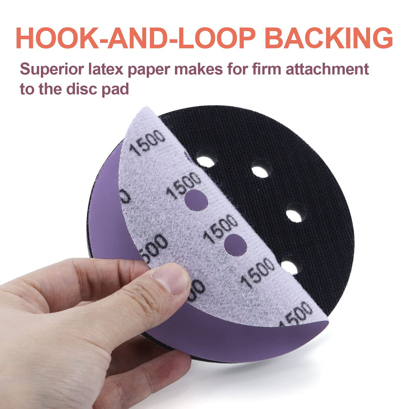 POLIWELL 60PCS 5 Inch Sanding Discs Hook and Loop 8 Hole Wet Dry, 400 600 800 1000 1500 2000 Grit Assorted Sandpaper with Interface pad, Purple Film Orbital Sander Sandpaper - NewNest Australia