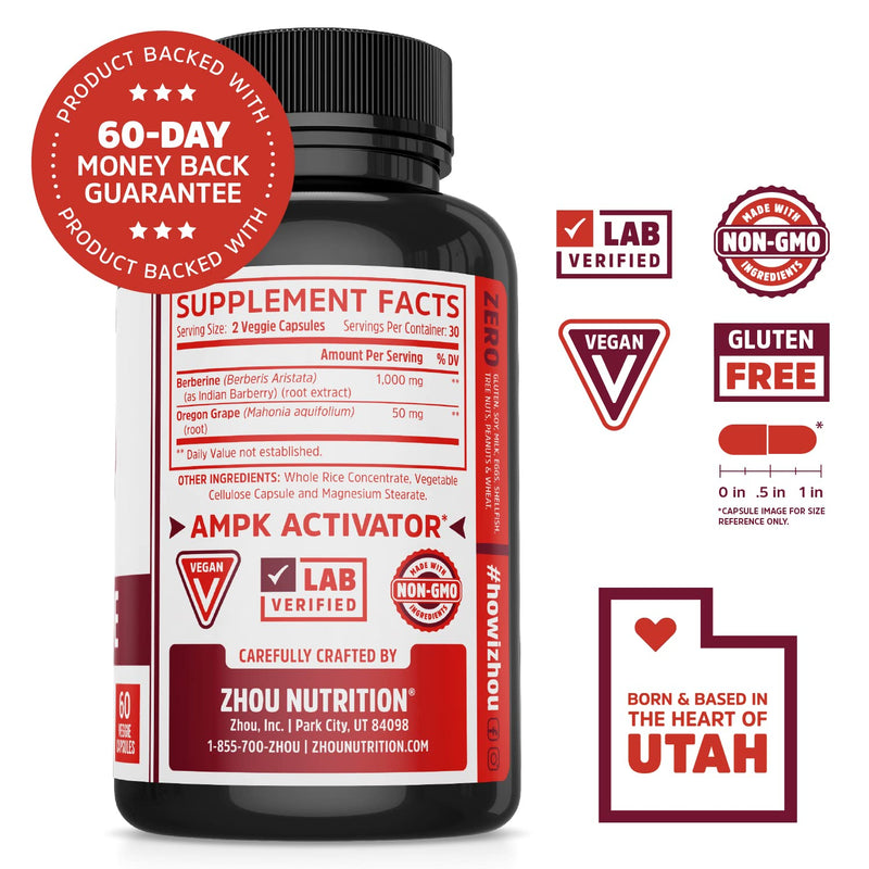 Zhou Nutrition Berberine with Oregon Grape for Healthy Fat Metabolism & Ketone Synthesis, 60Count - NewNest Australia