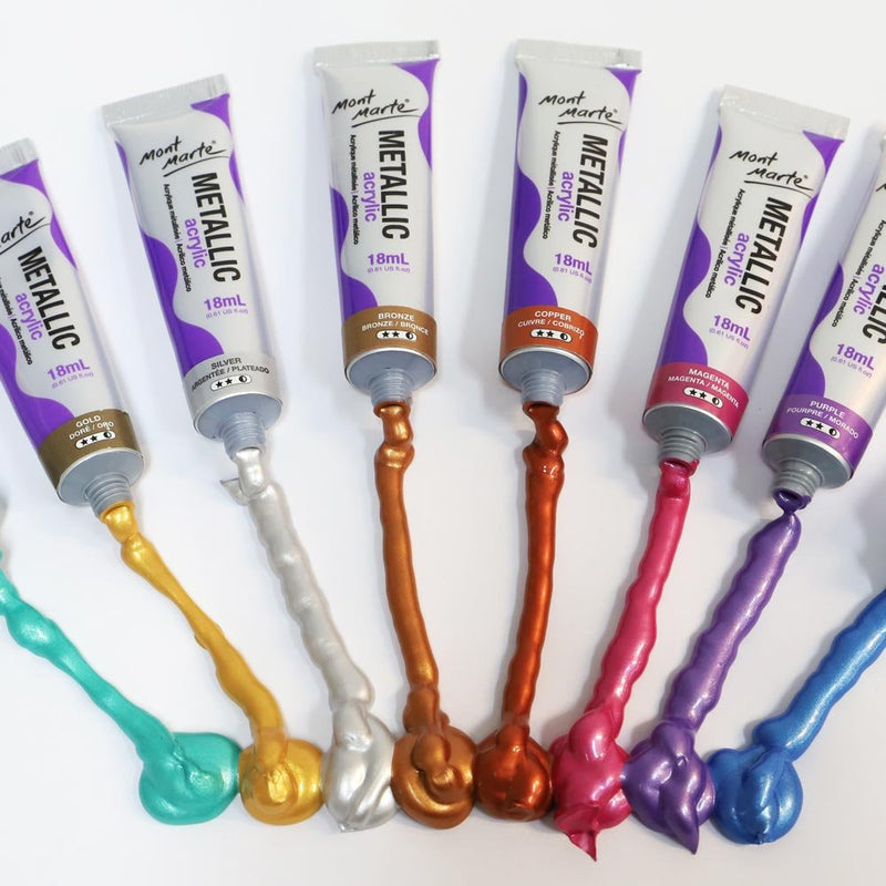 Mont Marte Metallic Acrylic Paint Set 8 Piece x 18 ml Tubes, Lightfast Colors with Smooth Consistency and Opaque Metallic Finish. 8 mixed colors 0.6 Fl Oz (Pack of 8) - NewNest Australia