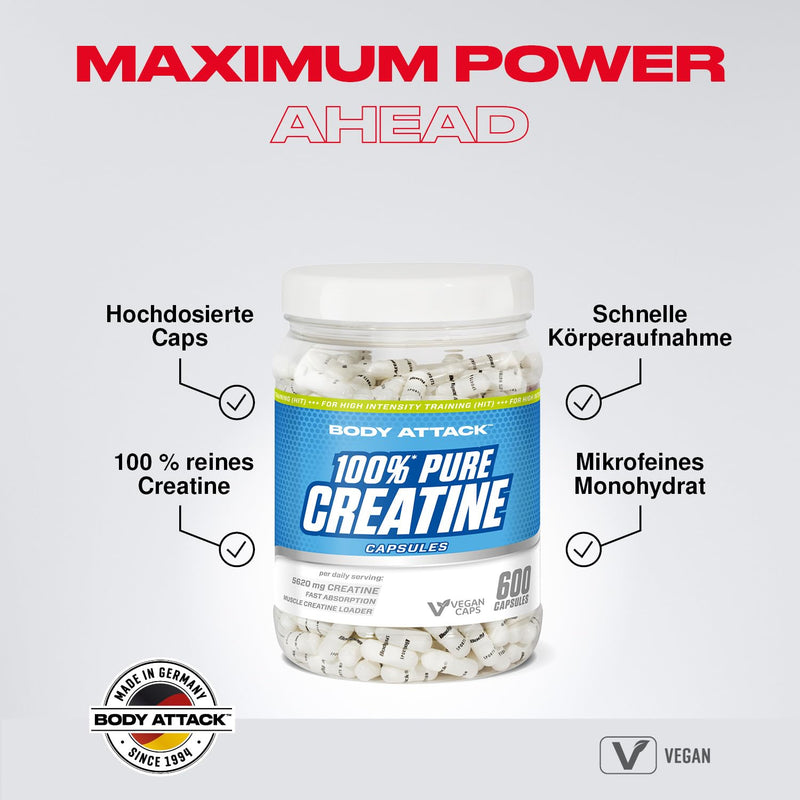 Body Attack 100% Pure Creatine - 600 capsules - Made in Germany - high-quality microfine creatine monohydrate - high-dose creatine capsules for practical use - before or after training 600 pieces (pack of 1) - NewNest Australia