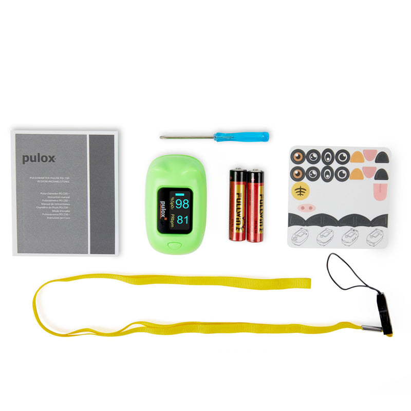 Pulox PO-230 in green, pulse oximeter for children, with adhesive pattern, measurement of oxygen saturation and heart rate - NewNest Australia