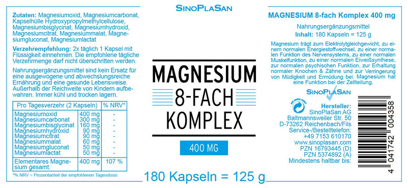 Magnesium 8-fold complex 400 mg || 180 capsules || 400 mg elemental magnesium || 8 different types of magnesium || SinoPlaSan - NewNest Australia