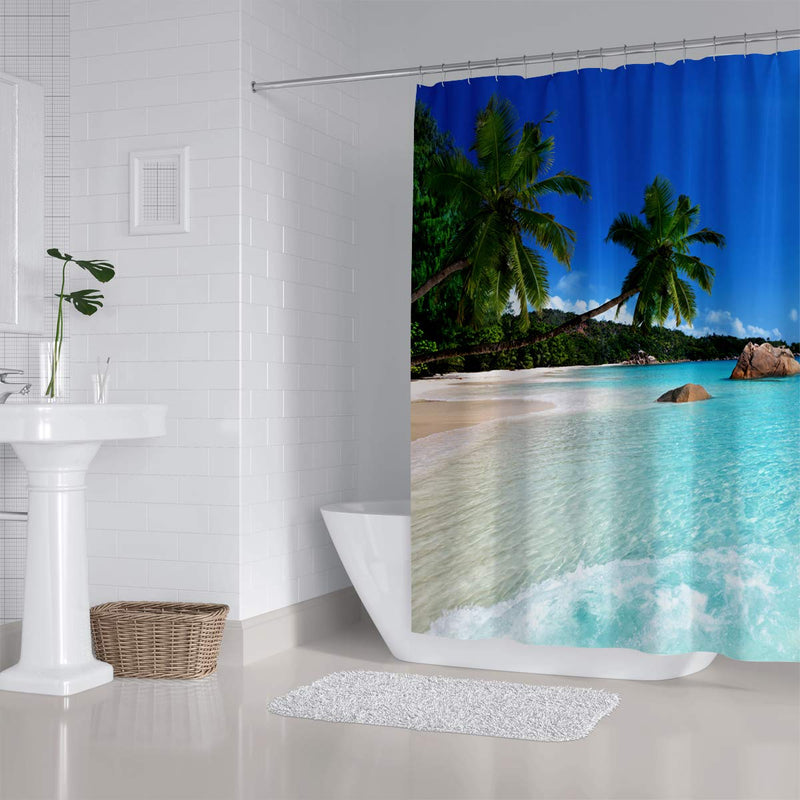 Ocean Beach Shower Curtain Blue Sky Sea Tropical Palm Trees Seaside Landscape Bath Curtain Waterproof Fabric Bathroom Décor 72x72 Inch Plastic Hooks 12PCS Ocean Green 72L*72W - NewNest Australia