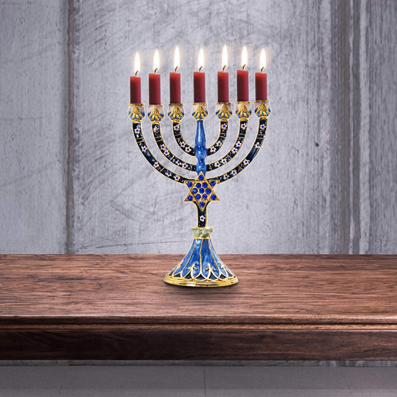 NewNest Australia - YU FENG 7 Branch Hanukkah Menorah Candle Holder Crystal Rhinestones Bejeweled Star of David Motif Hand-Painted Enamel Candlesticks 