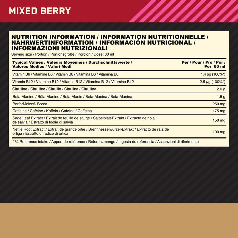 Optimum Nutrition Gold Standard Pre-Workout Energy Shot, ready to drink with beta alanine, caffeine, PerforMelon Boost and vitamins B6 and B12, mixed berry flavor, pack of 12, 12 x 60 ml Mixed Berry - NewNest Australia