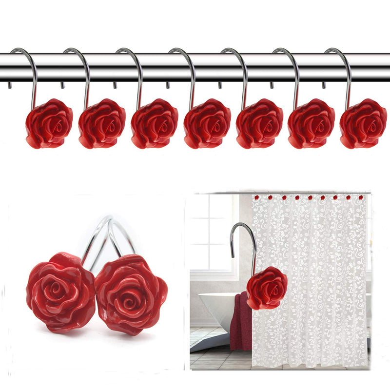 FINROS 12 PCS Home Fashion Decorative Anti Rust Shower Curtain Hooks Rose Design Shower Curtain Rings Hooks (RED) Red - NewNest Australia