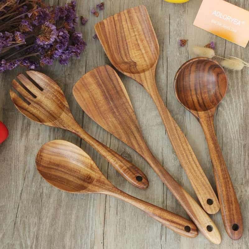 NewNest Australia - Wooden Spoons for Cooking, ADLORYEA Wood Utensils Set for Nonstick Cookware, 100% Handmade by Natural Teak Wood Without Any Painting 