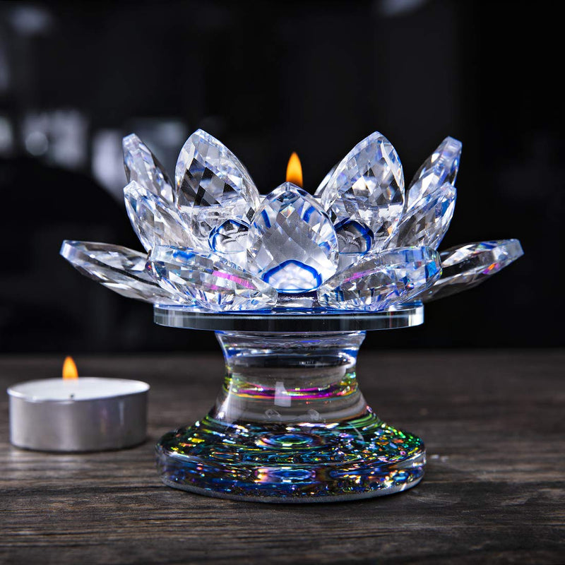 NewNest Australia - H&D HYALINE & DORA Blue Crystal Lotus Flower Candle Holder Crystal Tealight Candle Holder,4.3Inch 4.3in Blue Crystal Lotus Candle Holder 